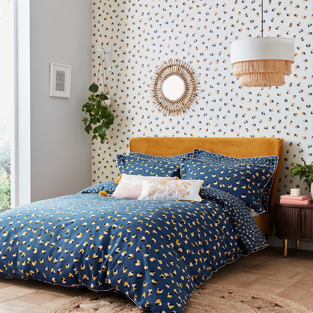 Leopard Dot Bedding by Scion in Denim & Milkshake